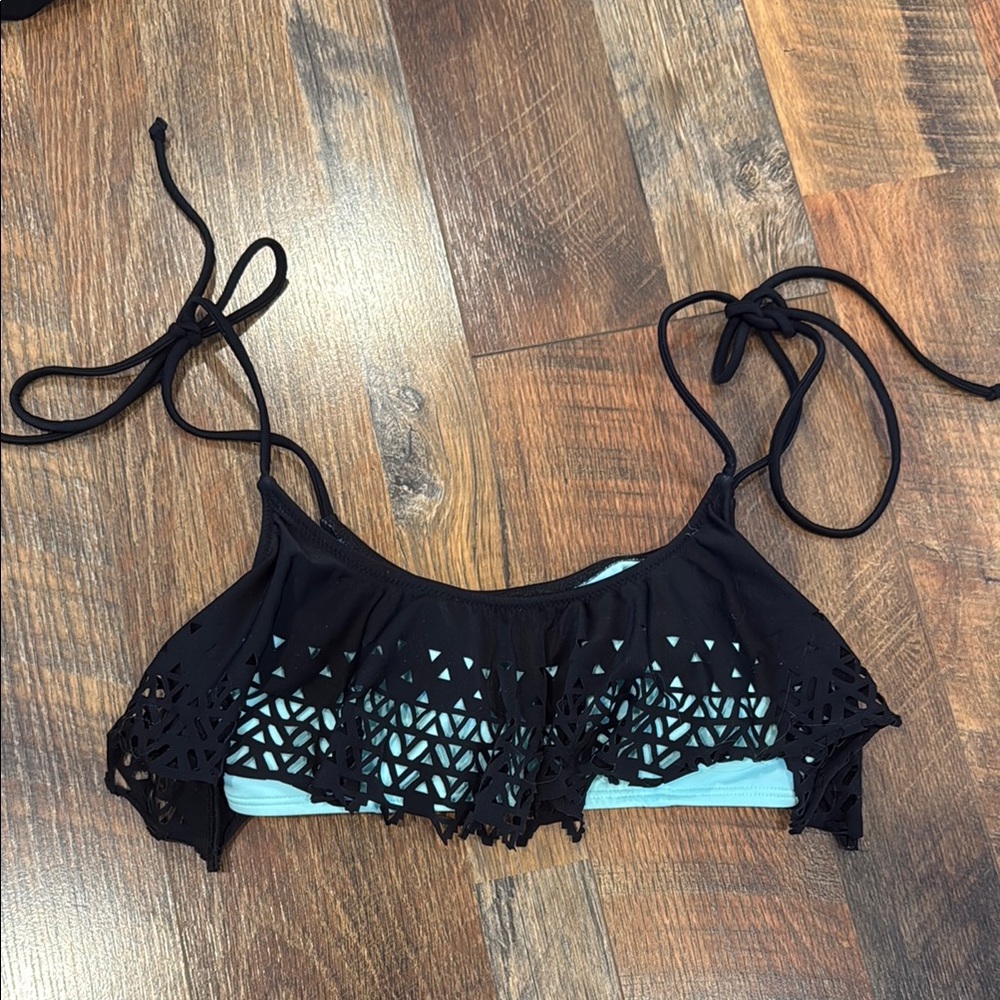 PINK Victoria's Secret Black and Aqua ruffle Bikini Top